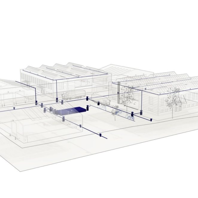 Lietaus vandens valdymo sistema iš Stormbox komercinės paskirties teritorijose su šuliniais ir šulinėliais