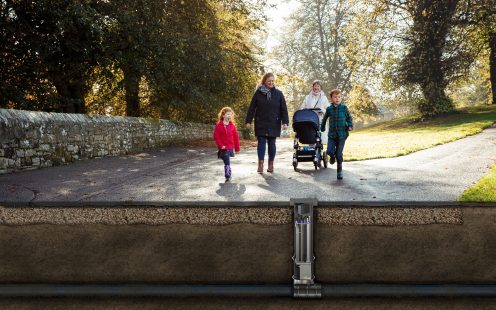 Water infrastructure under the ground, family walking by